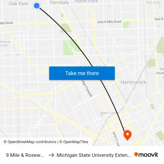 9 Mile & Rosewood to Michigan State University Extension map