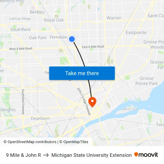9 Mile & John R to Michigan State University Extension map