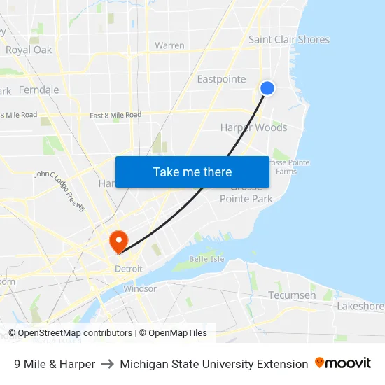 9 Mile & Harper to Michigan State University Extension map