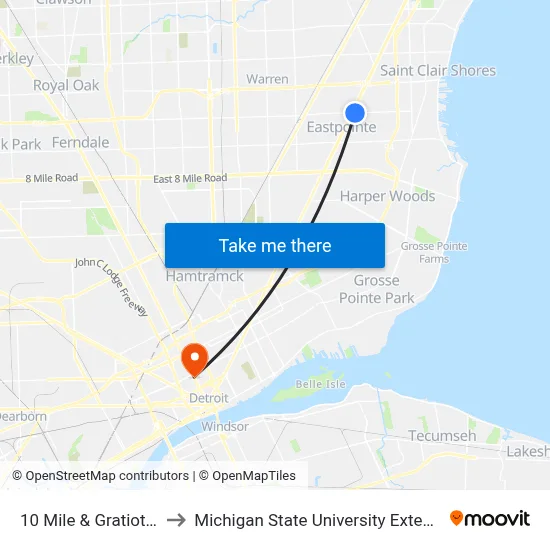 10 Mile & Gratiot NE to Michigan State University Extension map