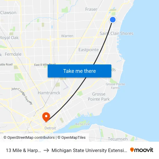 13 Mile & Harper to Michigan State University Extension map
