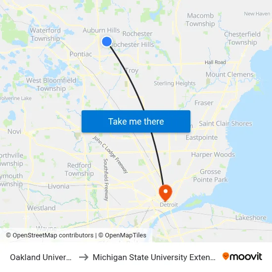 Oakland University to Michigan State University Extension map