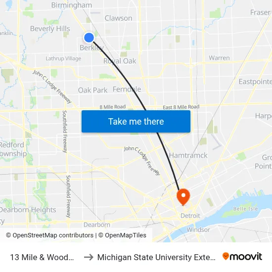 13 Mile & Woodward to Michigan State University Extension map