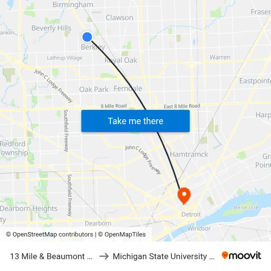 13 Mile & Corewell Beaumont Hospital to Michigan State University Extension map