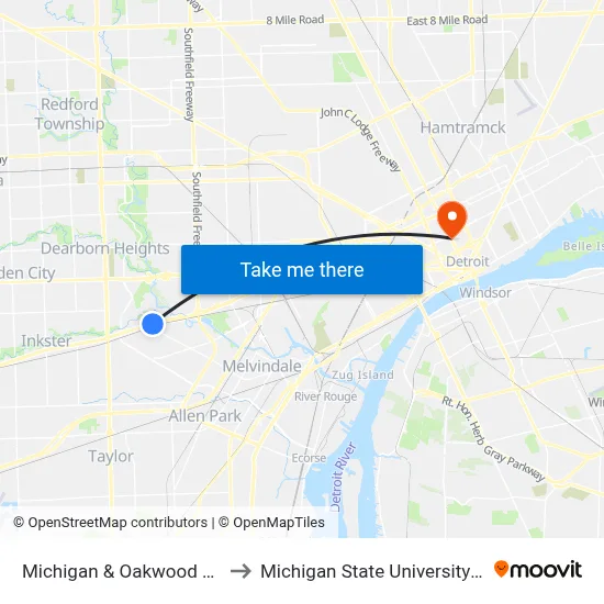 Michigan & Oakwood Boulevard to Michigan State University Extension map