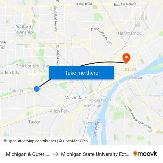 Michigan & Outer Drive to Michigan State University Extension map