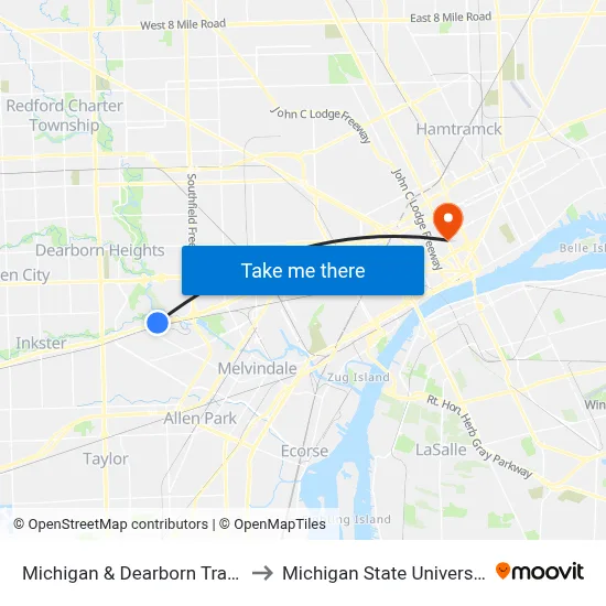 Michigan & Dearborn Transit Center Eb to Michigan State University Extension map