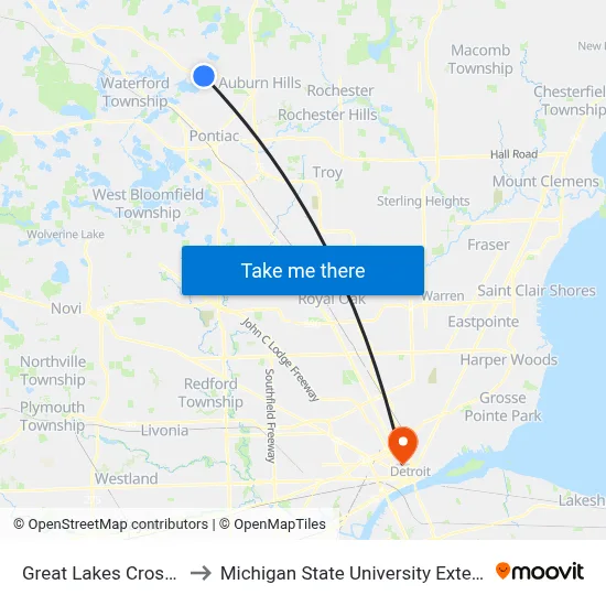 Great Lakes Crossing to Michigan State University Extension map