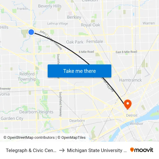 Telegraph & Civic Center Drive to Michigan State University Extension map