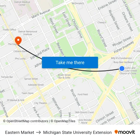 Eastern Market to Michigan State University Extension map