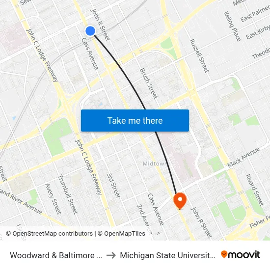 Woodward & Baltimore Milwaukee to Michigan State University Extension map