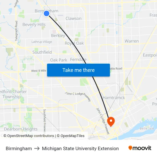 Birmingham to Michigan State University Extension map