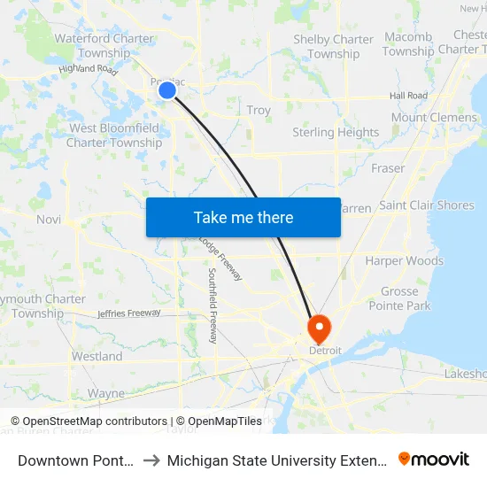 Downtown Pontiac to Michigan State University Extension map