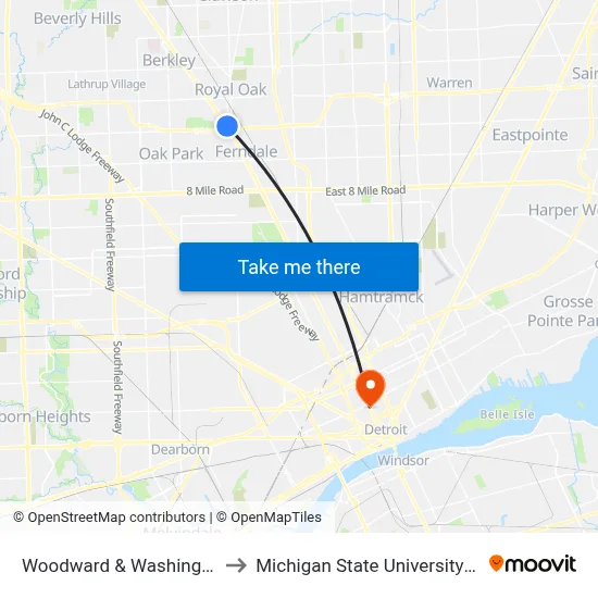 Woodward & Washington (Zoo) to Michigan State University Extension map