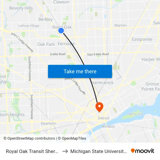 Royal Oak Transit Sherman Leave to Michigan State University Extension map