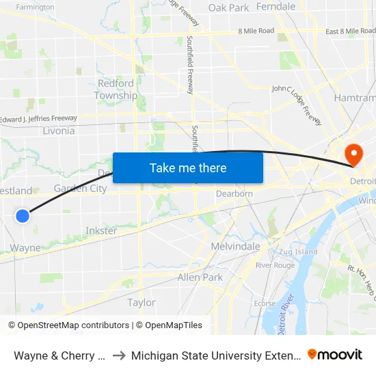 Wayne & Cherry Hill to Michigan State University Extension map