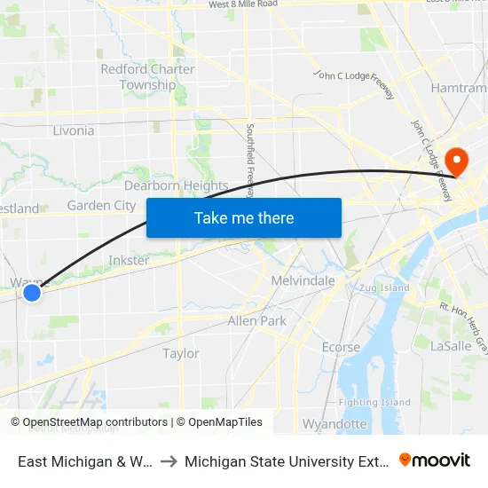 East Michigan & Wayne to Michigan State University Extension map