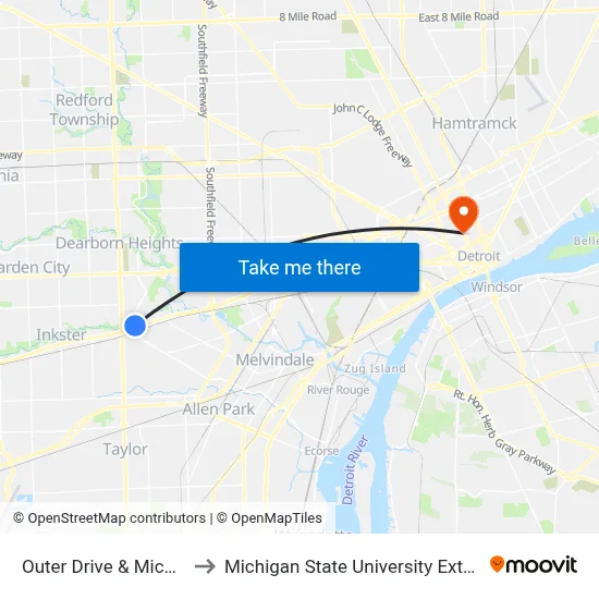 Outer Drive & Michigan to Michigan State University Extension map