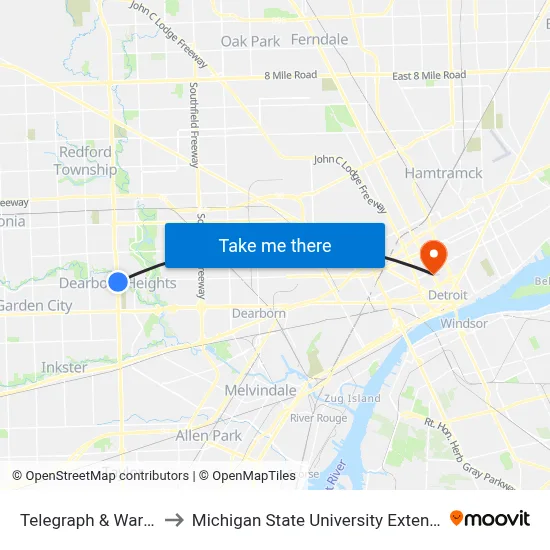Telegraph & Warren to Michigan State University Extension map
