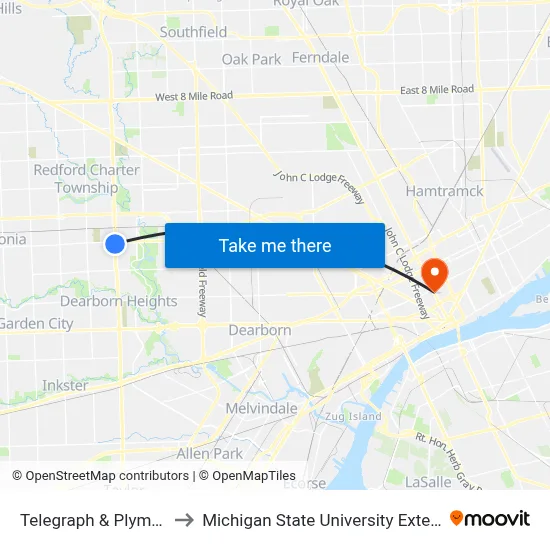Telegraph & Plymouth to Michigan State University Extension map
