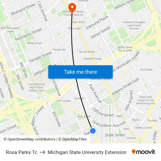 Rosa Parks Tc to Michigan State University Extension map