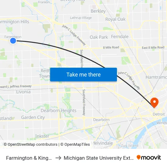 Farmington & Kingslane to Michigan State University Extension map