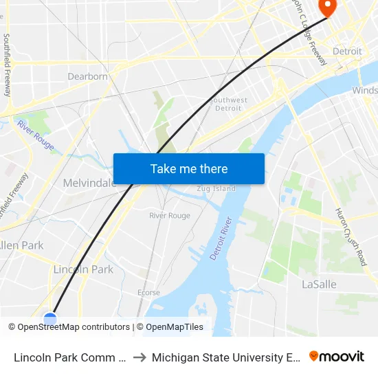 Lincoln Park Comm Center to Michigan State University Extension map