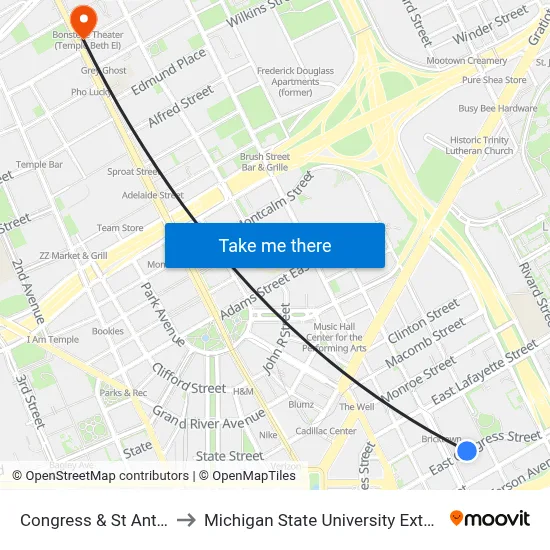 Congress & St Antoine to Michigan State University Extension map