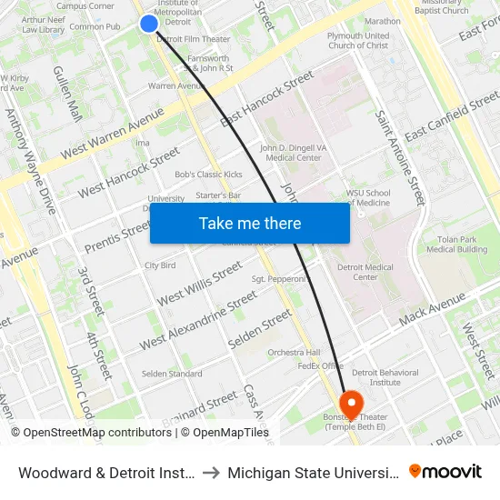 Woodward & Detroit Institute Of Arts to Michigan State University Extension map