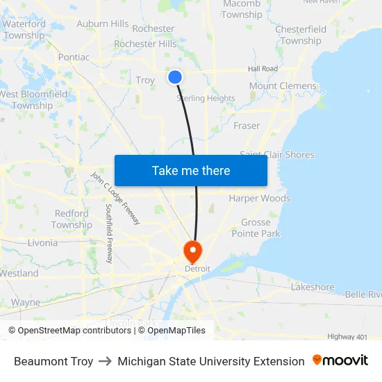 Corewell Beaumont Troy Hospital to Michigan State University Extension map