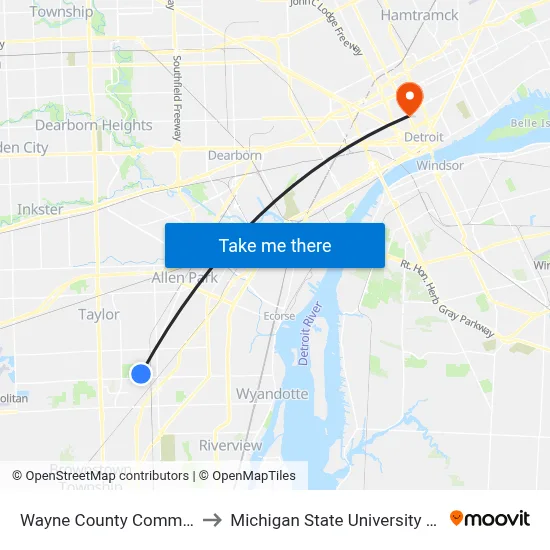 Wayne County Comm College to Michigan State University Extension map