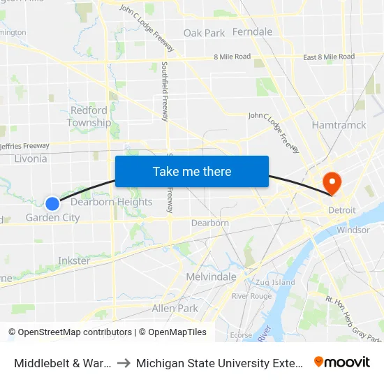Middlebelt & Warren to Michigan State University Extension map