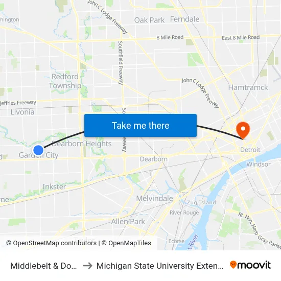 Middlebelt & Dover to Michigan State University Extension map