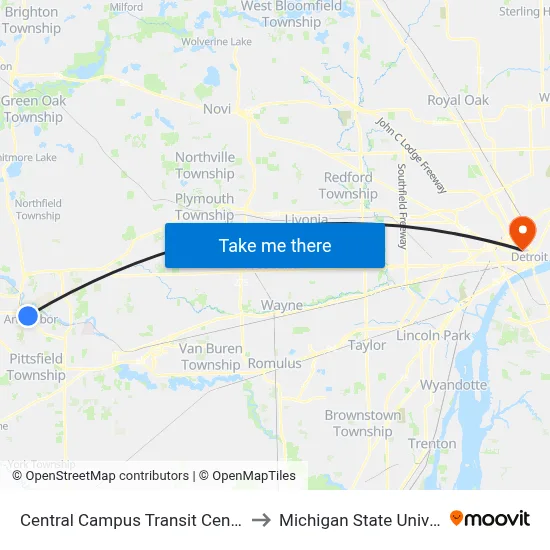 Central Campus Transit Center: Ruthven Museum to Michigan State University Extension map