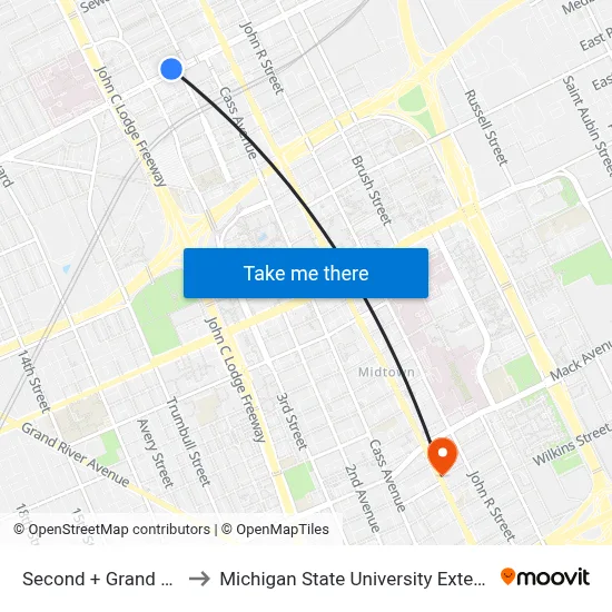 Second + Grand Blvd to Michigan State University Extension map