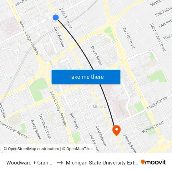 Woodward + Grand Blvd to Michigan State University Extension map
