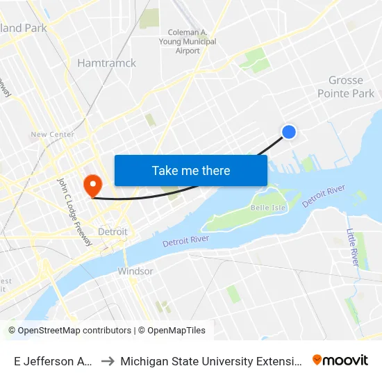 E Jefferson Ave to Michigan State University Extension map