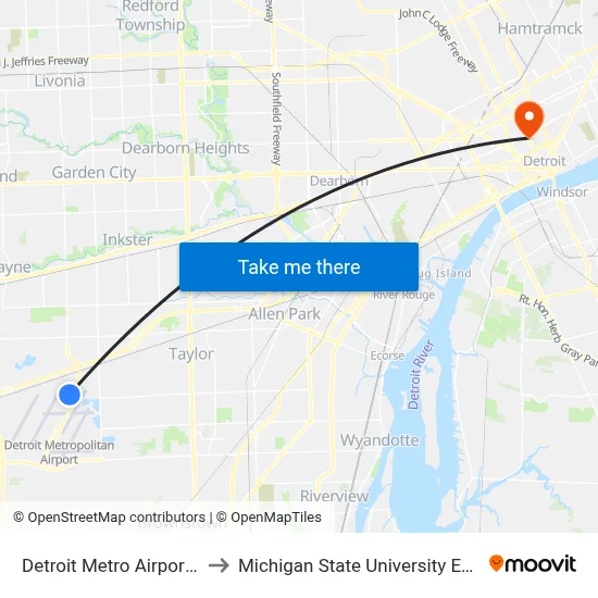 Detroit Metro Airport 2588 to Michigan State University Extension map