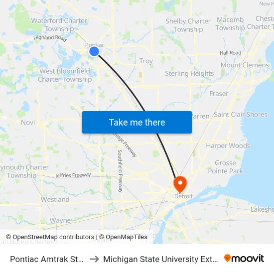 Pontiac Amtrak Station to Michigan State University Extension map