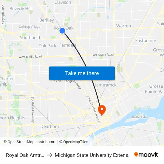 Royal Oak Amtrak to Michigan State University Extension map