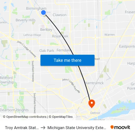 Troy Amtrak Station to Michigan State University Extension map