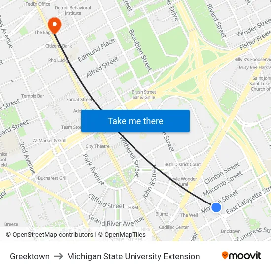 Greektown to Michigan State University Extension map