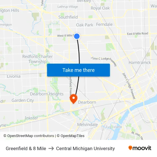 Greenfield & 8 Mile to Central Michigan University map