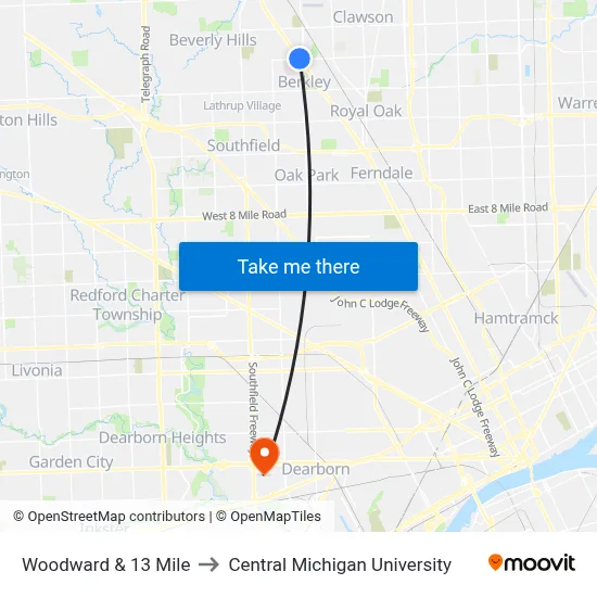 Woodward & 13 Mile to Central Michigan University map