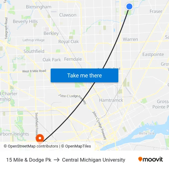 15 Mile & Dodge Pk to Central Michigan University map