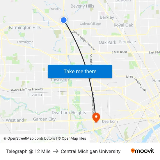 Telegraph @ 12 Mile to Central Michigan University map
