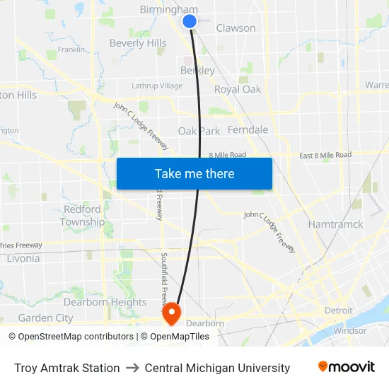 Troy Amtrak Station to Central Michigan University map