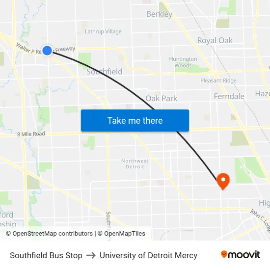 Southfield Bus Stop to University of Detroit Mercy map