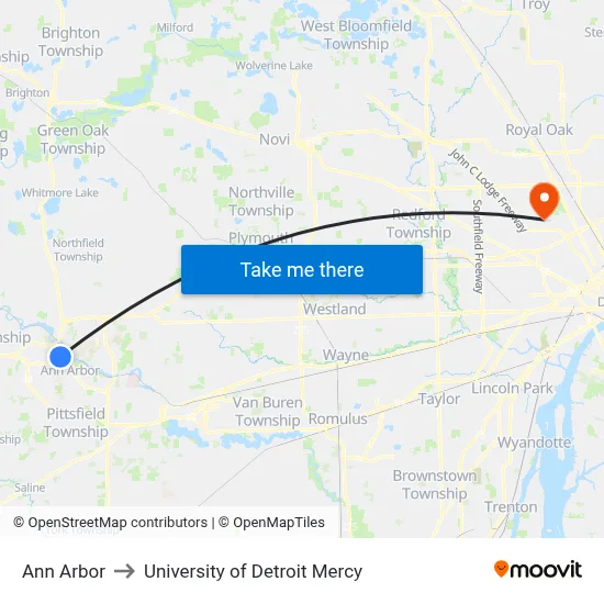 Ann Arbor to University of Detroit Mercy map
