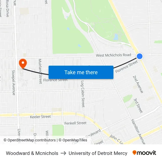 Woodward & Mcnichols to University of Detroit Mercy map